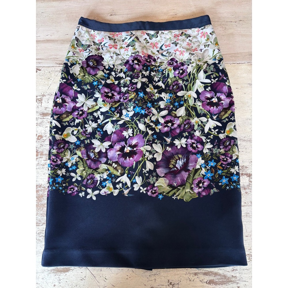 TED BAKER LONDON pencil skirt womens 2 navy blue pansy floral butterfly zipper